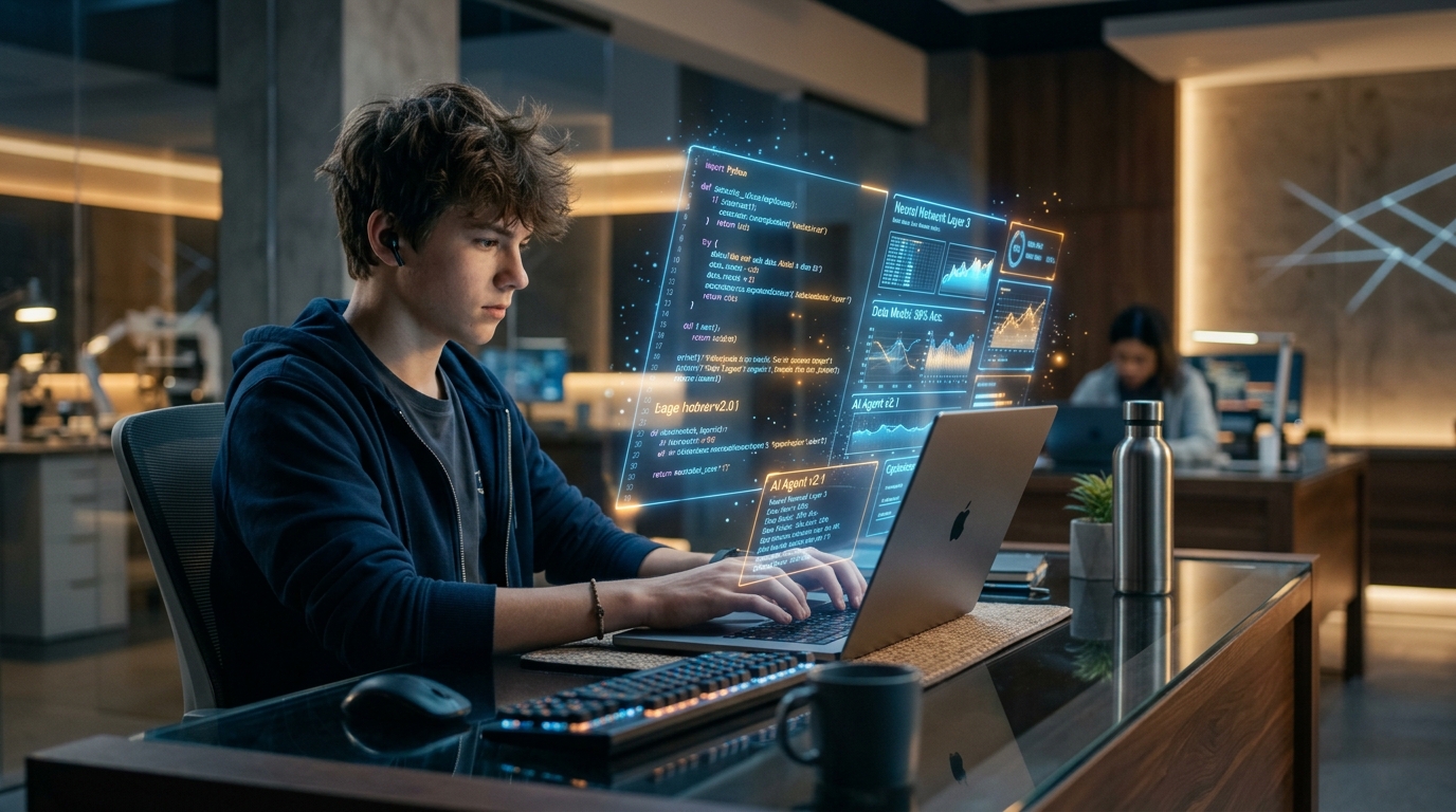 Student coding with AI Hologram